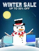 winter sale snowman shopping with paper bag vector