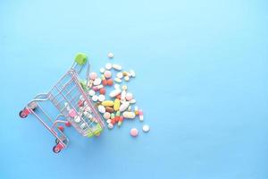 Pills and shopping cart flat lay photo