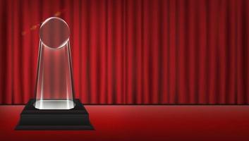 real 3d transparent acrylic trophy with red curtain stage background vector