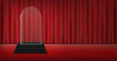 real 3d transparent acrylic trophy with red curtain stage background vector