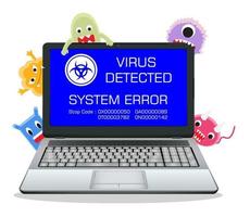 Pantalla de error de la computadora portátil con virus de dibujos animados vector