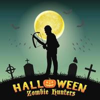 halloween zombie hunter with crossbow in graveyard vector