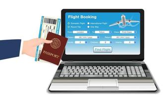 Reserva de vuelo online portátil con pasaporte billete vector