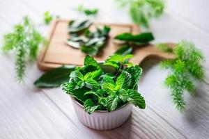 Mint in a bowl and on a wooden board photo