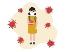 una colegiala con una máscara médica. protección contra coronavirus. ilustración vectorial en un estilo plano, aislado en un fondo blanco vector