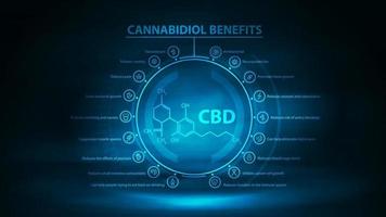 Information dark and blue digital poster of Cannabidiol Benefits with infographic and cannabidiol chemical formula in the middle. Poster with dark neon scene and holograms vector