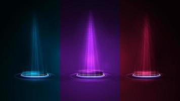 Set of empty blue podiums for product presentation, 3d realistic neon illustration. Blue, pink and red digital neon podiums with lighting of spotlights in dark room