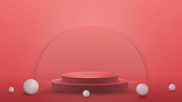 Empty podium with realistic white balls on floor, realistic illustration. 3d render illustration with pink abstract scene vector