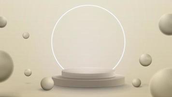 3d render illustration with abstract scene with neon white ring around podium. Abstract room with 3D spheres vector