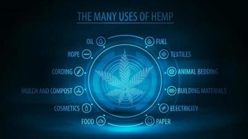 Many uses of hemp, dark and blue digital poster with dark neon scene, infographic of uses of hemp and hologram leaf of hemp plant vector