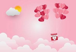 Valentine's day, heart-shaped balloon floating in the sky, pink background, paper art vector