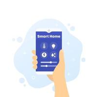 Smart home control app, phone in hand, vector