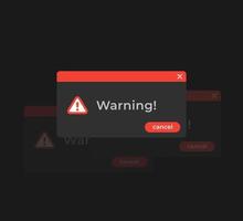 Warning alert windows, vector design, dark mode