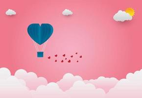 Globos de San Valentín en forma de corazón volando sobre el fondo de la vista de hierba, estilo de arte de papel ilustrador vectorial vector