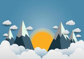 Beautiful suns and mountains with a variety of clouds.paper art vector