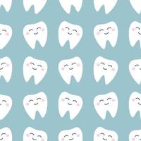 Cute white tooth with pink cheeks on a light green background. Vector seamless pattern in flat style