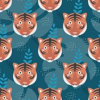 The face of a cute tiger on a dark green background, with plants, branches. Vector seamless pattern in flat cartoon style