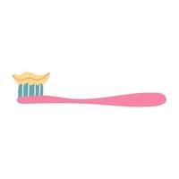 Pink toothbrush with paste painted by hand on a white background. Vector image in a flat style