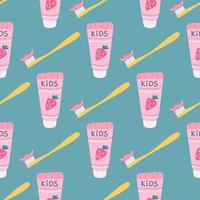 Children's toothpaste with strawberries and a toothbrush on a green background. Vector seamless pattern in flat style