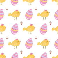 A small cute chicken with an Easter egg on a white background. Vector seamless pattern in a flat style