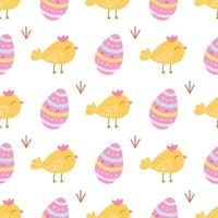 A small cute chicken with an Easter egg on a white background. Vector seamless pattern in a flat style