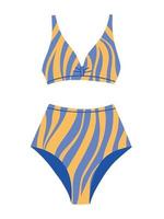 Female two-piece swimsuit with a striped print. Modern fashion stylish swimsuit. Vector Flat Cartoon Illustration. Bathing clothes.