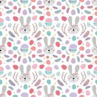 seamless Easter pattern with rabbit. Pattern with Easter bunny, eggs, cake. Design for textiles, packaging, wrappers, web, printing. Vector flat illustration