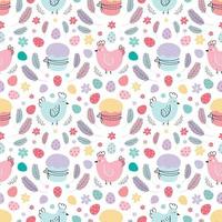 Chicken seamless pattern.Easter pattern with chickens decorated with eggs, cakes and feathers. Design for textile, packaging, packaging, web, printing. Vector flat illustration