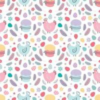 Chicken seamless pattern.Easter pattern with chickens decorated with eggs, cakes and feathers. Design for textile, packaging, packaging, web, printing. Vector flat illustration