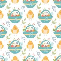 Cute chicken and a basket with Easter eggs and cakes, plants and flowers. vector