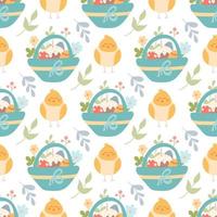 Cute chicken and a basket with Easter eggs and cakes, plants and flowers. vector