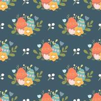 Colorful Easter eggs with plants and flowers on a dark background. Vector seamless pattern in flat style