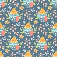 Cute chicken in an Easter egg with plants, flowers and a sprig of willow. Vector seamless pattern in flat cartoon style
