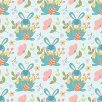 Cute Easter bunny with egg and plants, flowers. Vector seamless pattern in a flat cartoon style on a light background