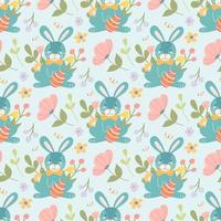 Cute Easter bunny with egg and plants, flowers. Vector seamless pattern in a flat cartoon style on a light background