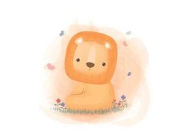 Cute lion sitting on grass cartoon water color style vector