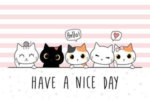 Cute cat kitten greeting cartoon doodle card vector