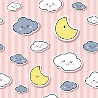 Cute moon and cloud cartoon doodle sticker style seamless pattern on pink striped background vector