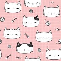 Cute cat kitten head cartoon doodle seamless pattern vector