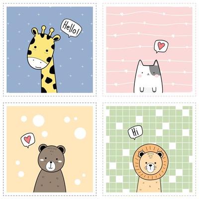 Cute animals giraffe cat bear and lion greeting cartoon doodle card collection