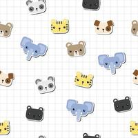 Cute animals head sticker on grid background cartoon seamless pattern vector