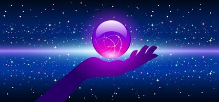 Magic ball on the palm cosmic background vector