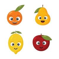 Set cartoon fruits. Happy cute lemon, apple, orange and pear for kids isolated on white background. vector