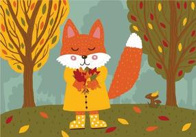 Cute fox in a yellow raincoat and rubber boots with a bouquet of autumn leaves in the forest. vector