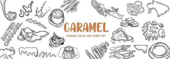 Caramel products. Top view frame. Hand drawn illustration. Pieces of caramel design template. Engraved design. Great for package design. Vector illustration.