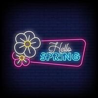 hola primavera letreros de neón estilo texto vector