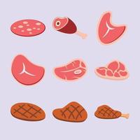 flat vector of raw and undercooked beef steak set