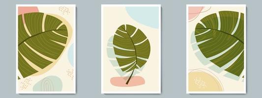 Botanical Wall Art Vector Poster Spring, Summer Set. Minimalist Tropical Plant with Abstract Shape and Line Pattern