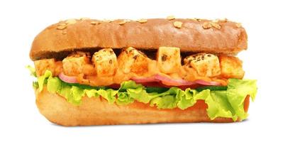 Isolated close-up of a sub sandwich with paneer, lettuce and vegetables and delicious sauces