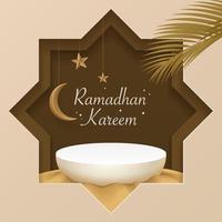 3d Islamic podium on sand with cerscent moon, stars, dates leaf. islamic greetings banner. Display product, Cosmetic, stage, pedestal, base, platform, presentation. 3d realistic vector podium